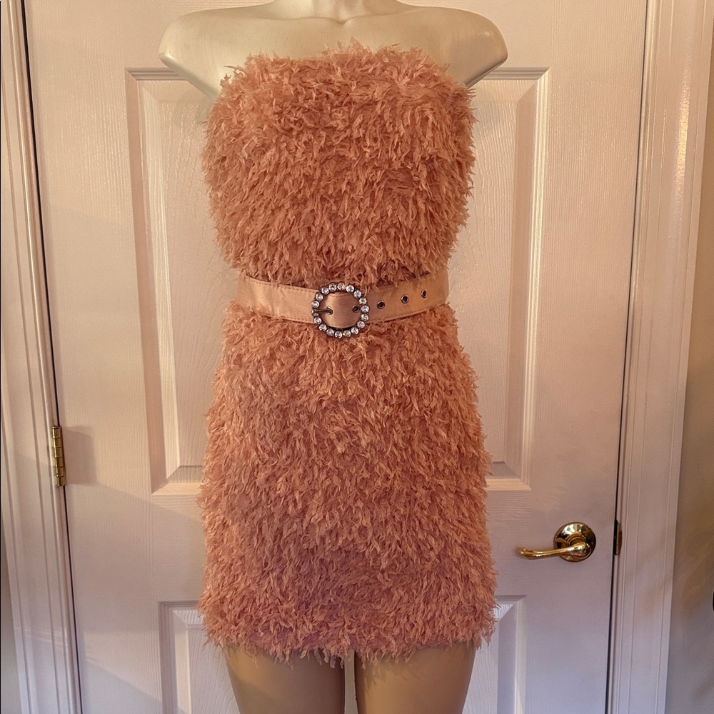 Fuzzy Feather Pink Strapless Dress with Belt